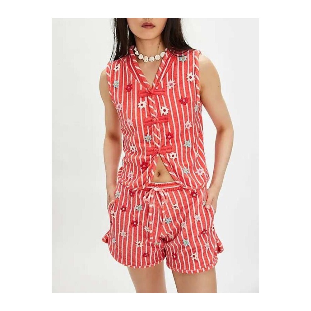 Free People Tach Bonnie Danica Set Red Embroidered Floral Small NWT